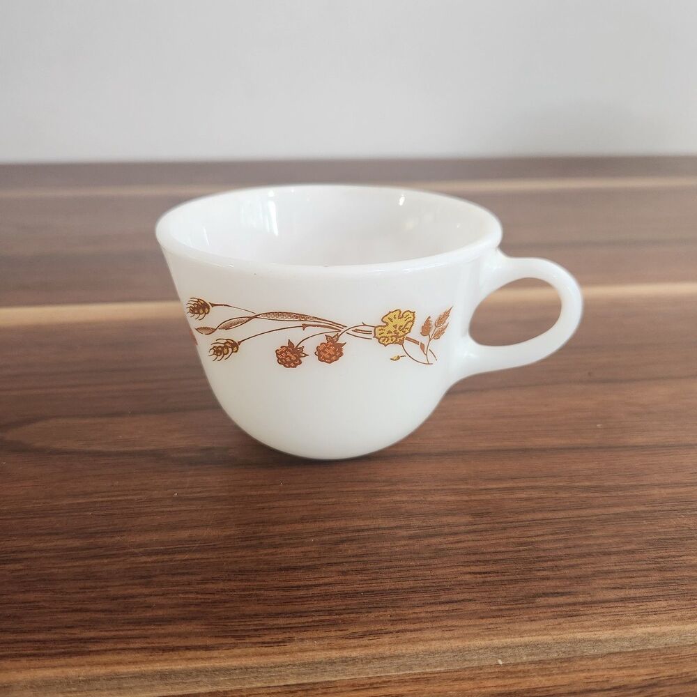 Pyrex Harvest Home Milk Glass Tea Cup Mug Vintage Retro Gold Wheat Orange Decor